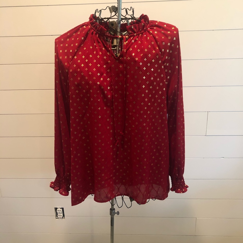 Time and Tru Red and Gold Sheer Top